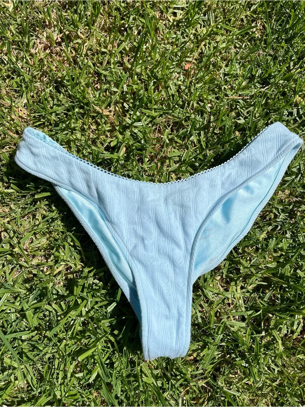 Frankie’s Bikinis Katarina Pointelle Bikini Bottom L Blue Scalloped Trim Cheeky